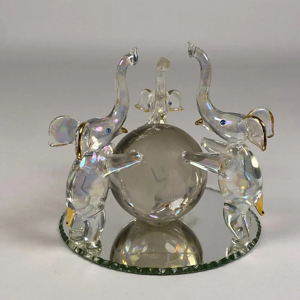 3 Hand Blown Glass Elephants on Globe Figurine Blue Rhinestone Eyes Mirror Base - Picture 6 of 11